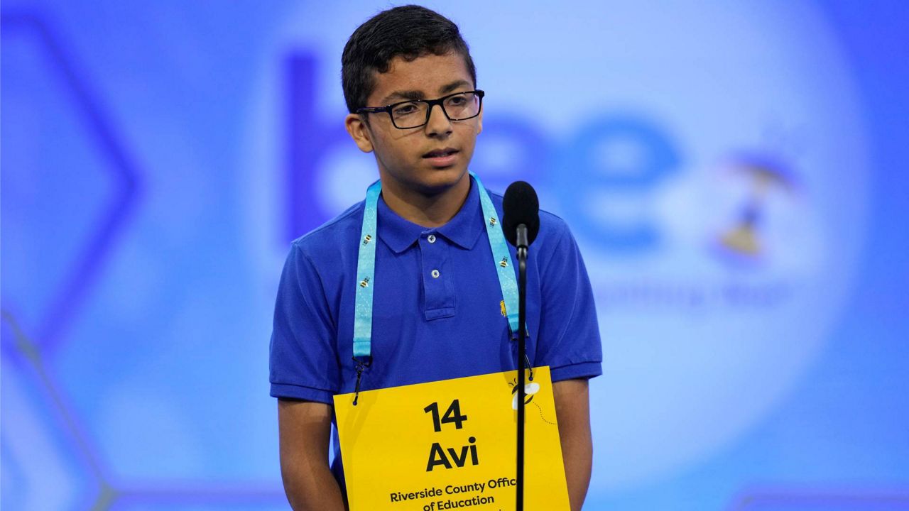 Avijeet Randhawa, 12, from Corona, Calif., competes during the Scripps National Spelling Bee Tuesday in Oxon Hill, Md. (AP Photo/Alex Brandon)