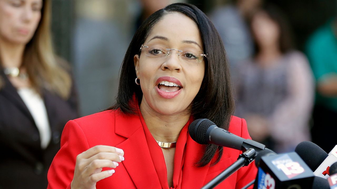 Former Florida State Attorney Aramis Ayala answers questions during a Sept. 1, 2017 news conference in Orlando. (AP/John Raoux)
