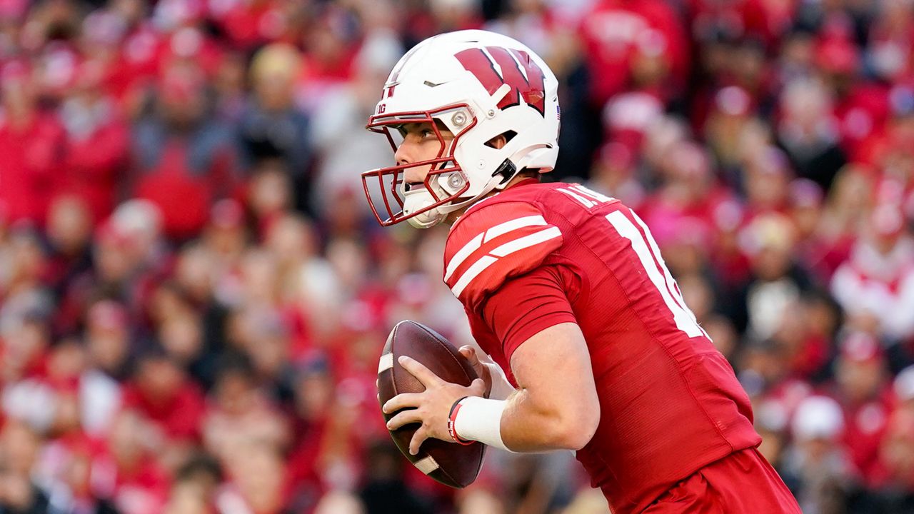 Wisconsin quarterback Braedyn Locke looks to throw against Iowa during the second half of an NCAA college football game Saturday, Oct. 14, 2023, in Madison, Wis. (AP Photo/Andy Manis)