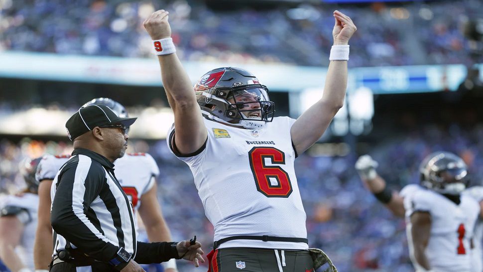 Tampa Bay Buccaneers quarterback Baker Mayfield (6) celebrates his touchdown run against the New York Giants during the first half of an NFL football game Sunday, Nov. 24, 2024, in East Rutherford, N.J. (AP Photo/Rich Schultz)