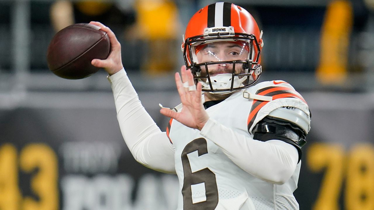 Cleveland Browns quarterback Baker Mayfield (6) warms up before an NFL football game against the Pittsburgh Steelers, on Jan. 3, 2022, in Pittsburgh. Mayfield's rocky run with Cleveland officially ended Wednesday when the Browns traded him to the Carolina Panthers. (AP Photo/Gene J. Puskar, File)