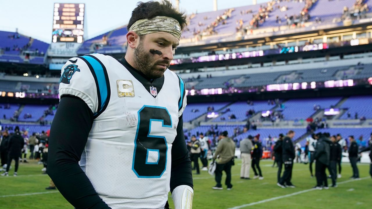 Carolina Panthers quarterback Baker Mayfield (6) walks off the field after his team's loss to the Baltimore Ravens on Sunday, Nov. 20, 2022, in Baltimore. (AP Photo/Patrick Semansky)