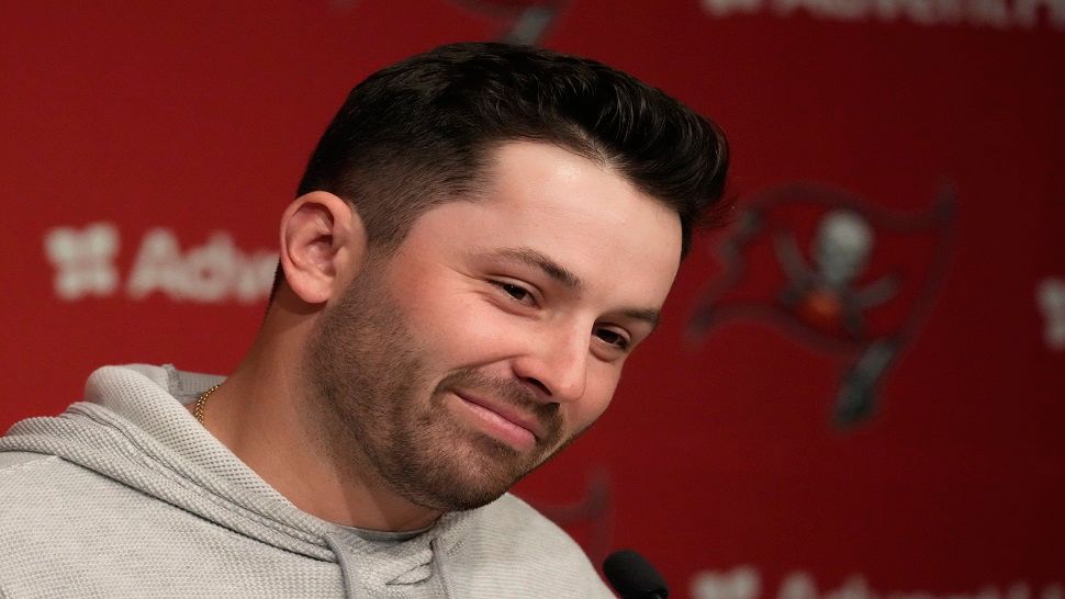 New Tampa Bay Buccaneers quarterback Baker Mayfield during an NFL football news conference Monday, March 20, 2023, in Tampa, Fla. The Buccaneers signed Mayfield to a one year contract. (AP Photo/Chris O'Meara)