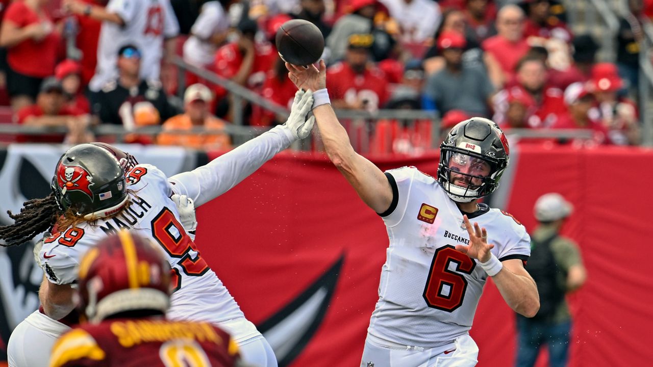 Tampa Bay Buccaneers quarterback Baker Mayfield (6) throws a pass against the Washington Commanders during the first half of Sunday's game (AP Photo).