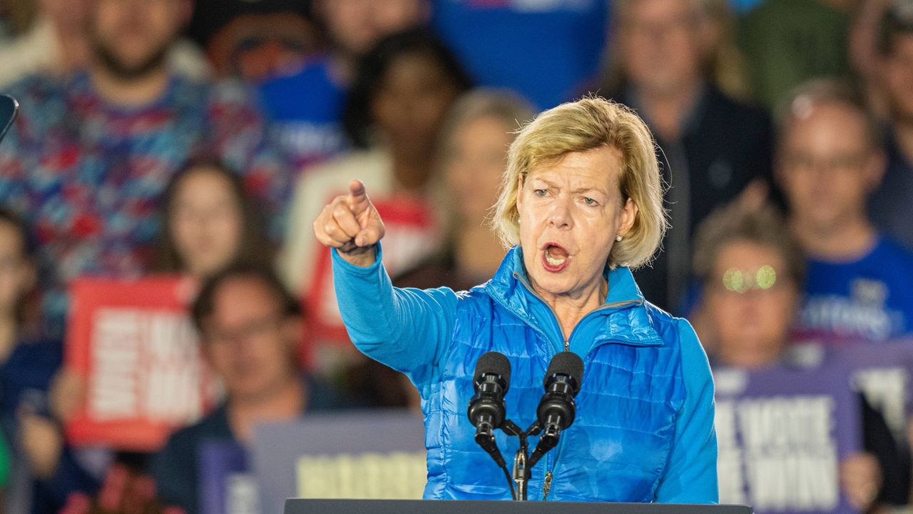 Sen. Tammy Baldwin, D-Wis., speaks at a campaign event for Democratic presidential nominee Vice President Kamala Harris, Friday, Nov. 1, 2024, in Little Chute, Wis. 