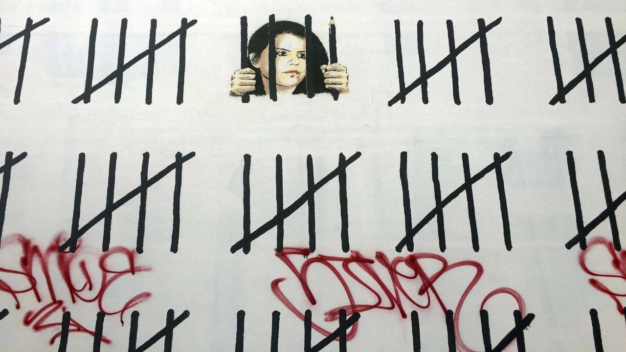 Red graffiti found on a mural of black tally marks on a white wall. An illustration of Zehra Dogan behind bars is towards the top.