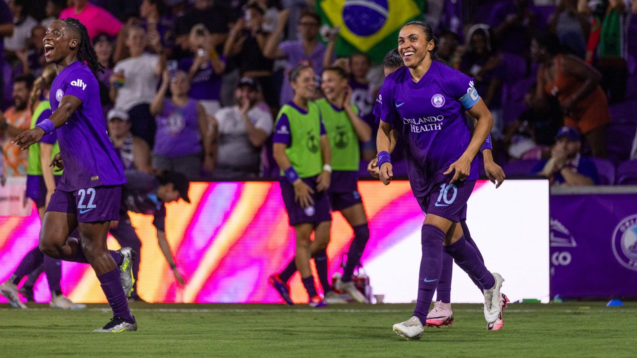 Barbra Banda (left) and Marta (far right) scored 2 goals each for the Pride in a 6-0 victory against the Utah Royals on Friday, June 21, 2024. (Photo courtesy of Orlando Pride/Mark Thor)