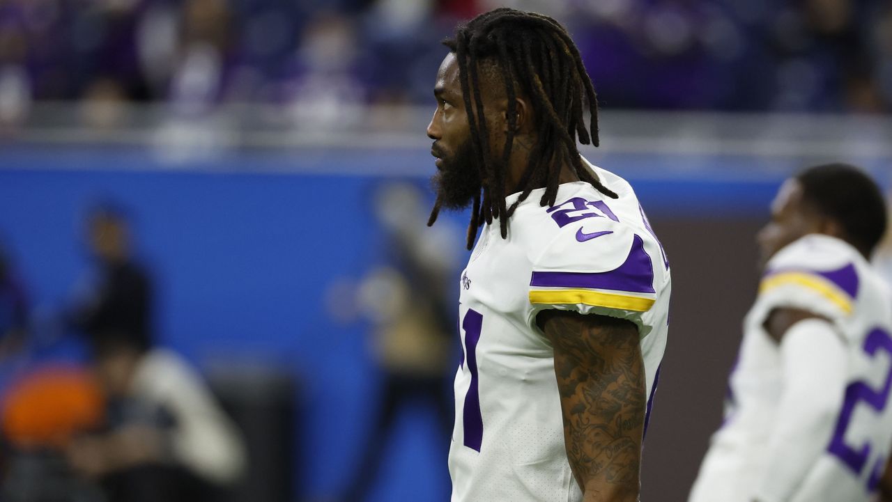 Minnesota Vikings cornerback Bashaud Breeland (21) warms up against the Detroit Lions during an NFL football game, Sunday, Dec. 5, 2021, in Detroit. (AP Photo/Rick Osentoski)