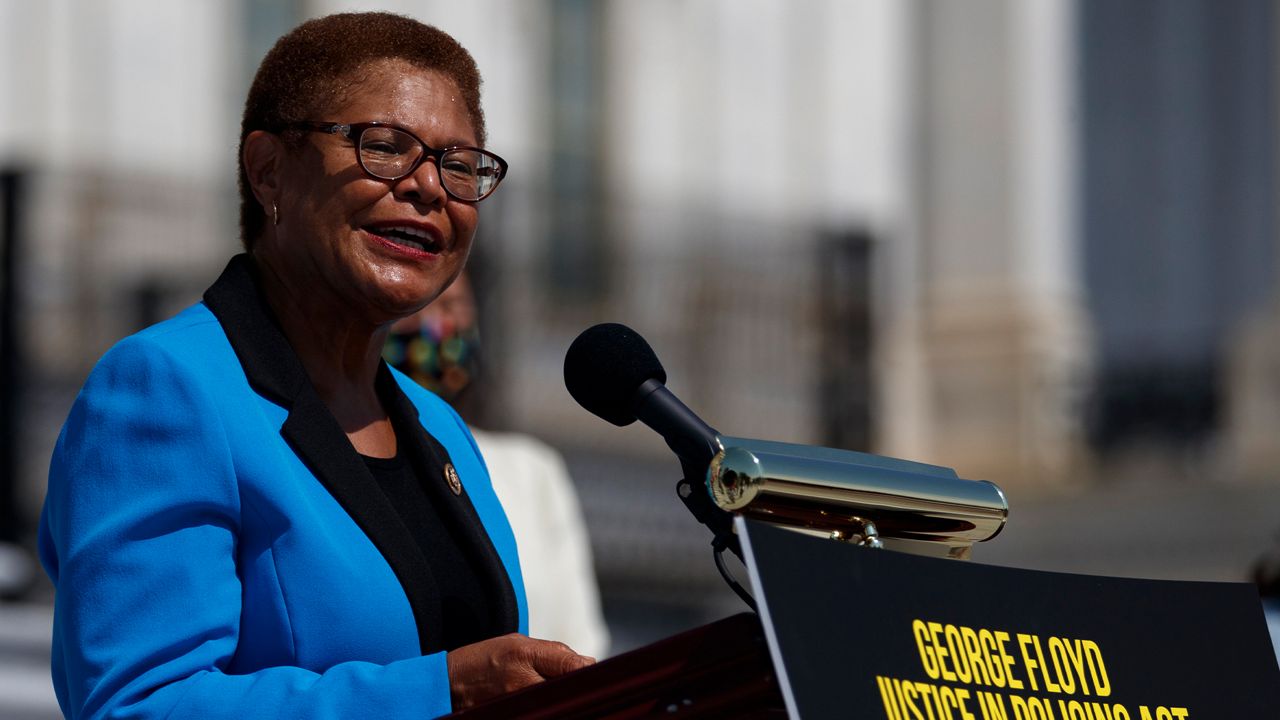 Rep. Karen Bass, D-Calif., speaks during a news conference on the House East Front Steps on Capitol Hill in Washington, Thursday, June 25, 2020, ahead of the House vote on the George Floyd Justice in Policing Act of 2020. (AP Photo/Carolyn Kaster)