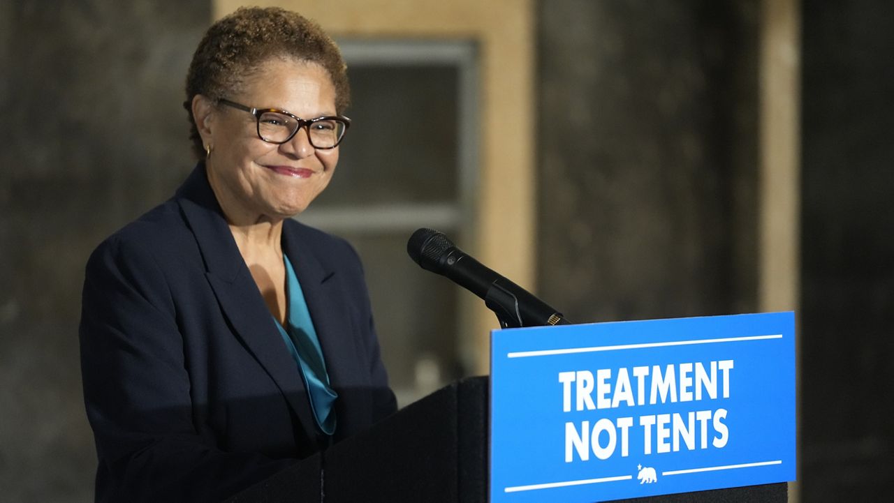 Los Angeles Mayor Karen Bass speaks about the state mental health crisis before California Gov. Gavin Newsom signed off on two proposals in Los Angeles Thursday, Oct. 12, 2023, to transform the state's mental health system and address the state's worsening homelessness crisis, putting them both before voters in 2024. (AP Photo/Damian Dovarganes)