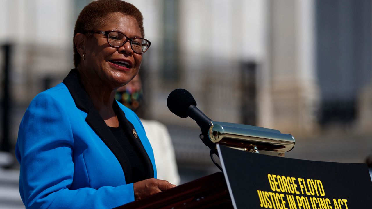 In this June 25, 2020, file photo Rep. Karen Bass, D-Calif., speaks during a news conference on the House East Front Steps on Capitol Hill in Washington. (AP Photo/Carolyn Kaster, File)
