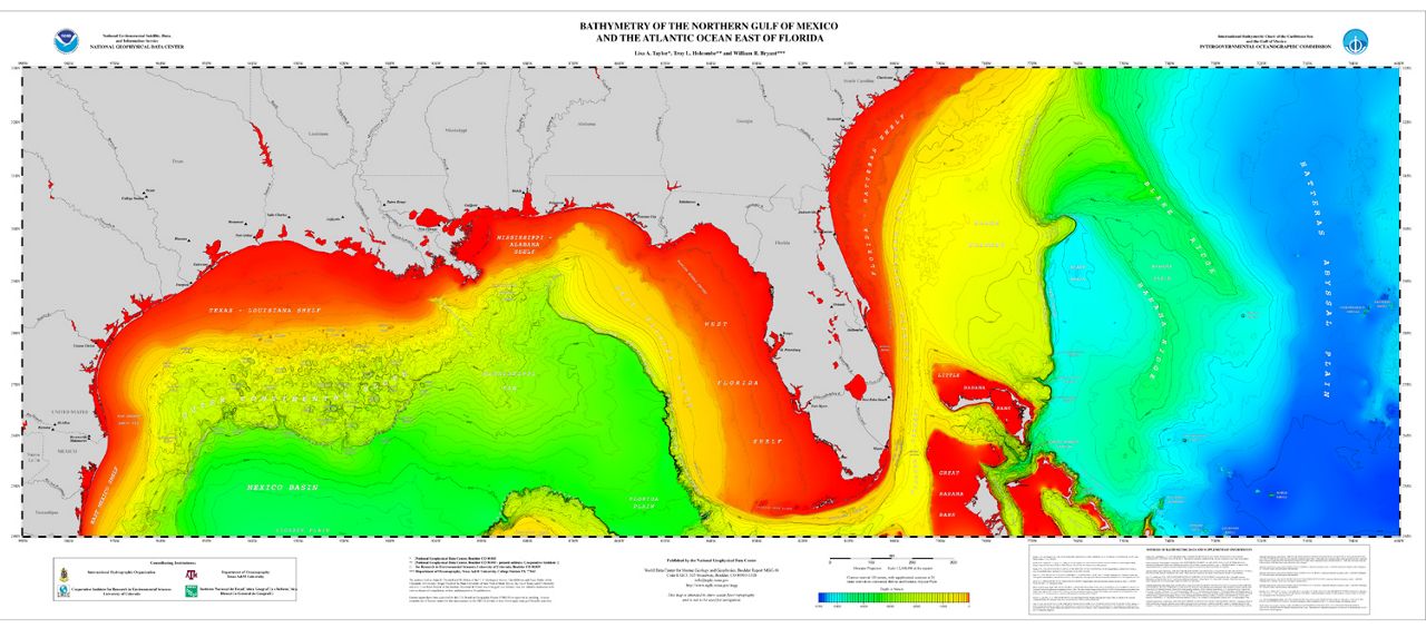 Bathymetry of the northern Gulf of Mexico and the Atlantic Ocean east of Florida.