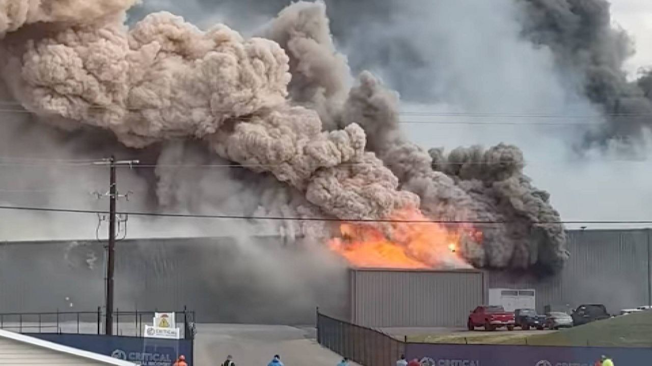 A fire burns at a plant in Fredericktown, Mo. (Photo by Albert Cleve)