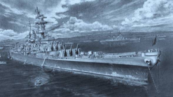 A pencil drawing of the USS Missouri by Japanese artist Hiroyuki Sugano is included in a new exhibit, “Legendary Naval Warriors — The World of Hiroyuki Sugano’s Pencil Drawings.” (Battleship Missouri Memorial)