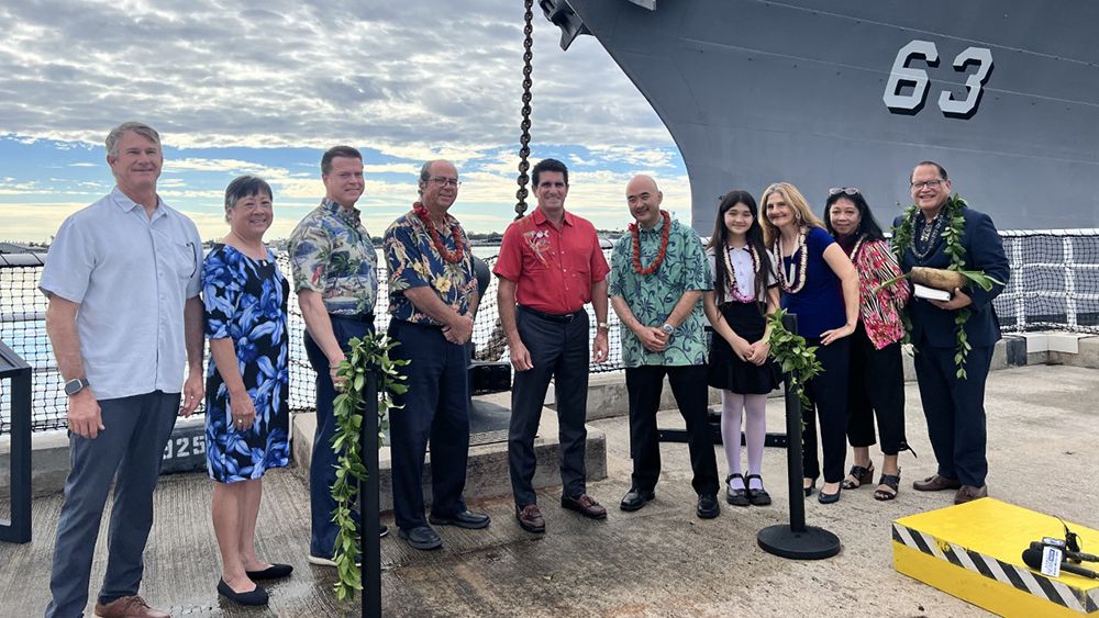 Pictured, left to right: Matt Guard, Alma Grocki, Murray Clay, Mike Carr, Steve Colon, Ken Inouye, Maggie Inouye, Jessica Inouye, Jennifer Sabas and Kahu Kelekona Bishaw. (Battleship Missouri Memorial)