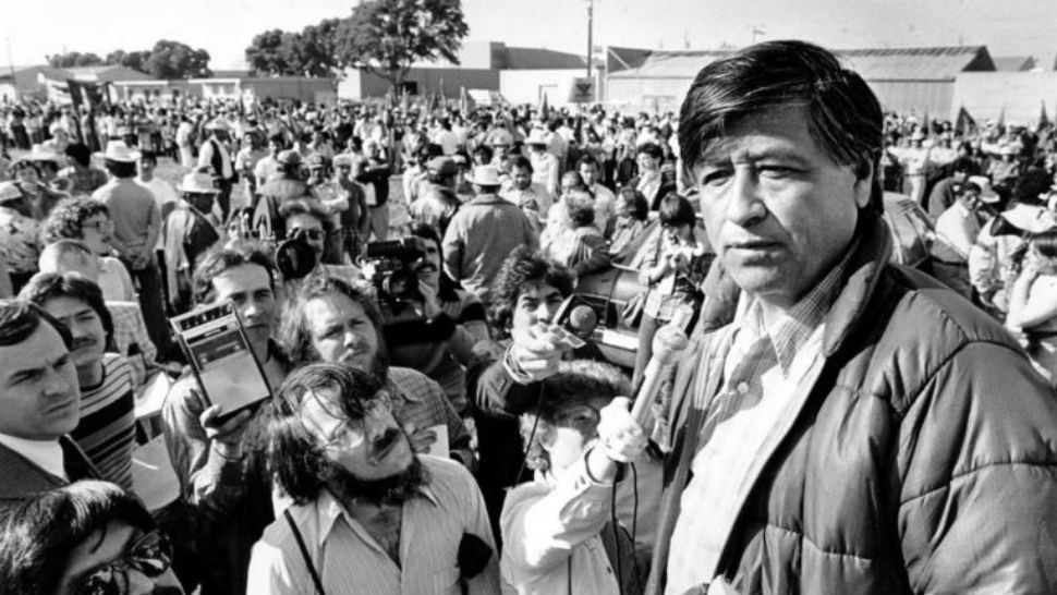 FILE - In this March 7, 1979, file photo, United Farm Workers President Cesar Chavez talks to striking Salinas Valley farmworkers during a large rally in Salinas, Calif. (AP Photo/Paul Sakuma)