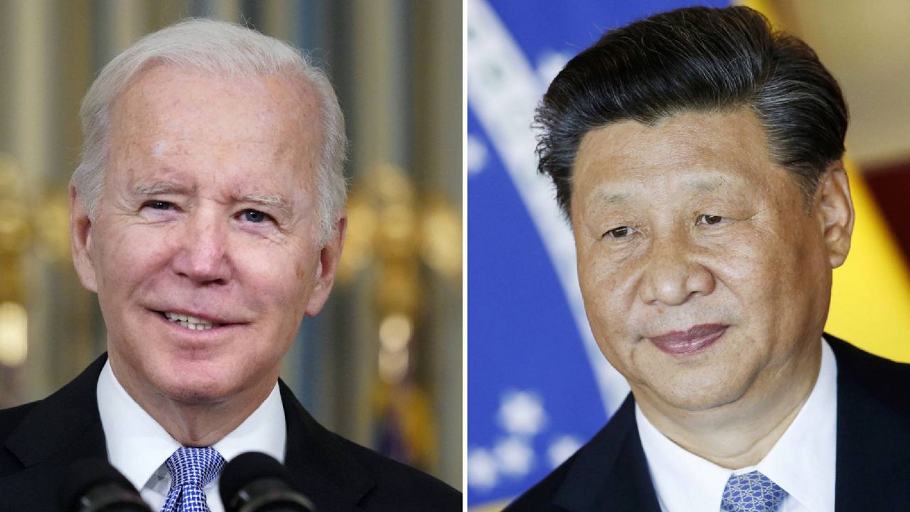 FILE - This combination image shows U.S. President Joe Biden in Washington, Nov. 6, 2021, and China's President Xi Jinping in Brasília, Brazil, Nov. 13, 2019. President Biden says he hopes to use an anticipated meeting with China’s President Xi Jinping to discuss growing tensions between Washington and Beijing over the self-ruled island of Taiwan, trade policies and Beijing’s relationship with Russia. (AP Photo/Alex Brandon, Eraldo Peres, File)