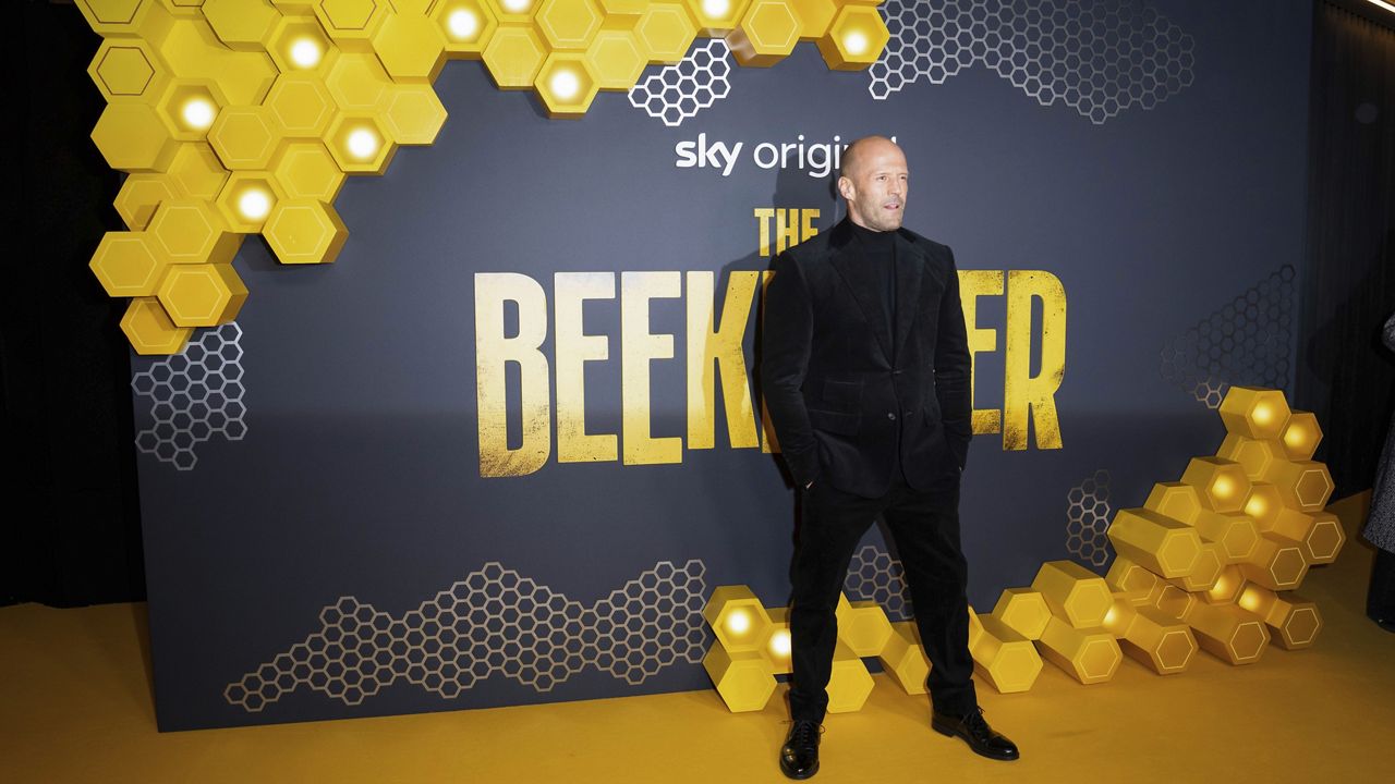 Jason Statham poses for photographers upon arrival at the UK premiere of the film 'The Beekeeper' on Wednesday, Jan. 10, 2024 in London. (Scott A Garfitt/Invision/AP)