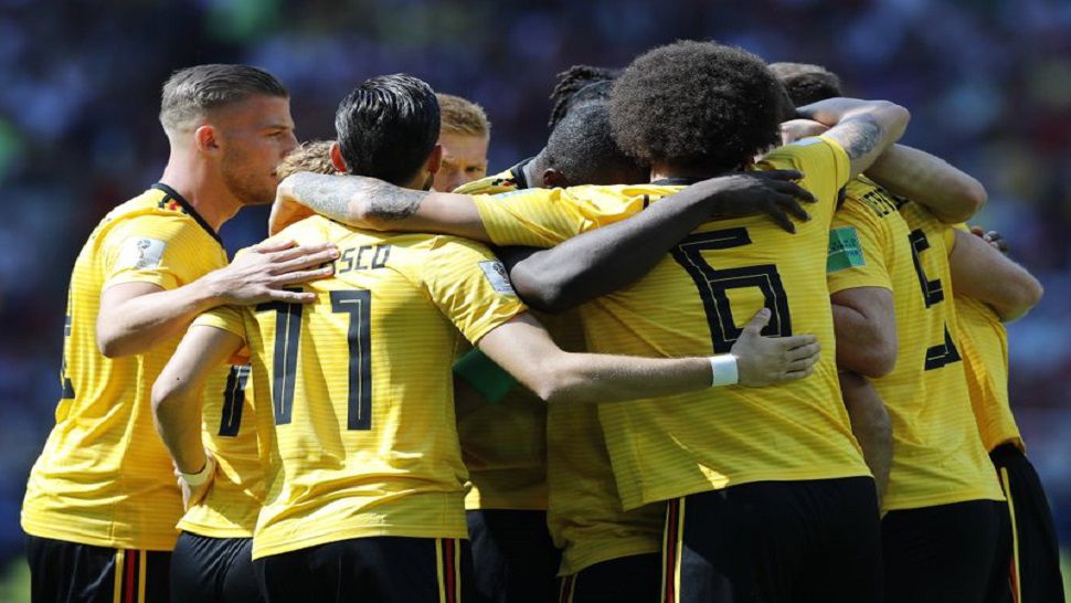 Belgium’s team players celebrate after Eden Hazard scored their side’s first goal during the group G match between Belgium and Tunisia at the 2018 soccer World Cup in the Spartak Stadium in Moscow, Russia, Saturday, June 23, 2018. (AP Photo/Hassan Ammar)