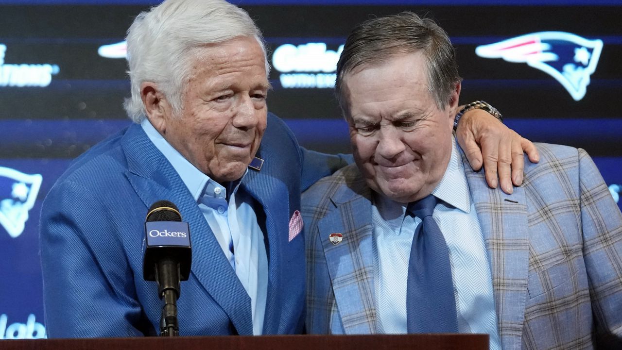 New England Patriots team owner Robert Kraft, left, and former Patriots head coach Bill Belichick embrace during an NFL football news conference, Thursday, Jan. 11, 2024, in Foxborough, Mass., to announce that Belichick, a six-time NFL champion, has agreed to part ways with the team. (AP Photo/Steven Senne)