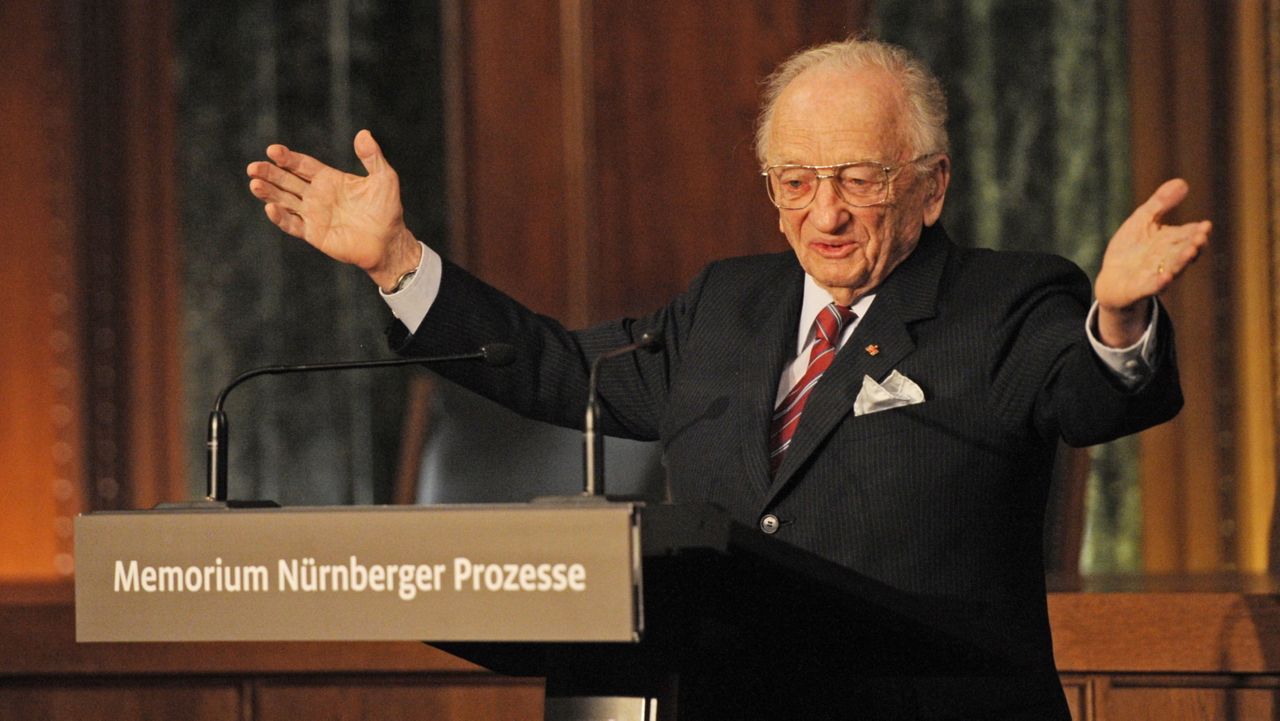Benjamin Ferencz, Romanian-born American lawyer and chief prosecutor of the Nuremberg war crimes trials, speaks during an opening ceremony for the exhibition commemorating the Nuremberg war crimes trials in Nuremberg, Germany, Sunday, Nov. 21, 2010. (Armin Weigel/Pool Photo via AP, File)