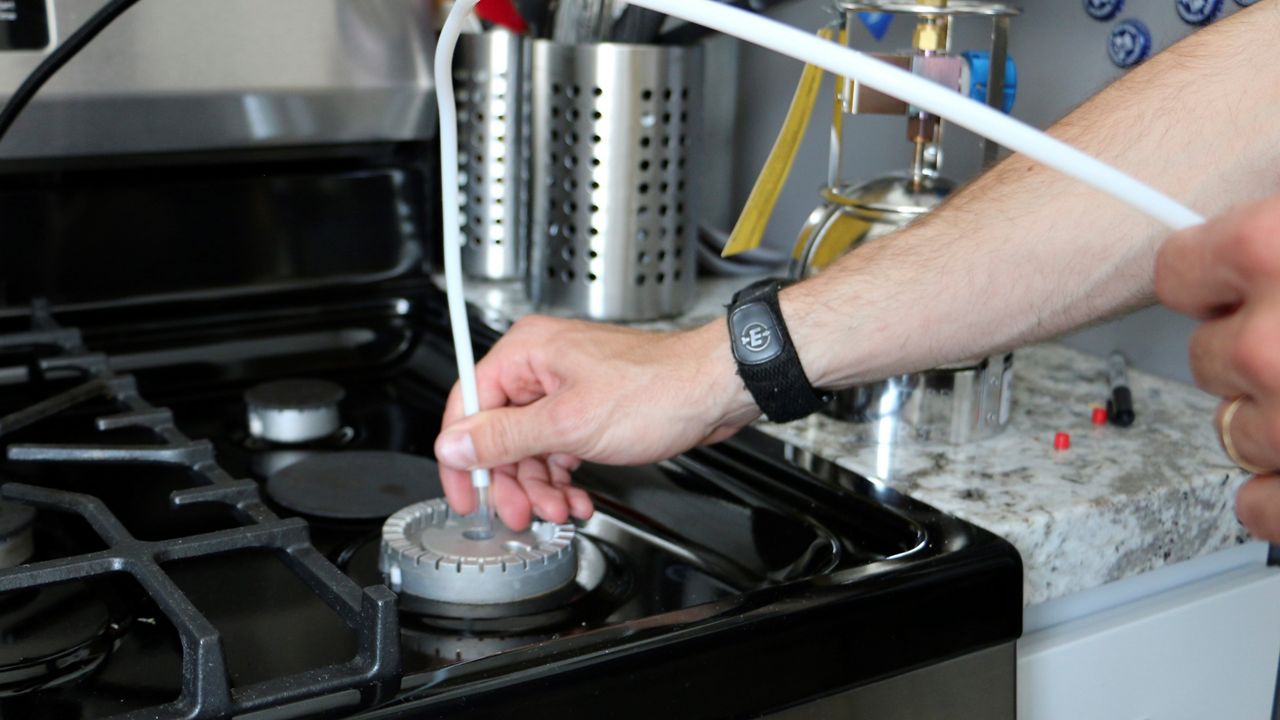 In this 2022 image provided by PSE Healthy Energy, a gas stove is tested for benzene in California. Stoves in California homes are leaking the cancer-causing gas benzene, researchers found in a new study published on Thursday, Oct. 20, though they say more research is needed to understand how many homes have leaks. (PSE Healthy Energy via AP)