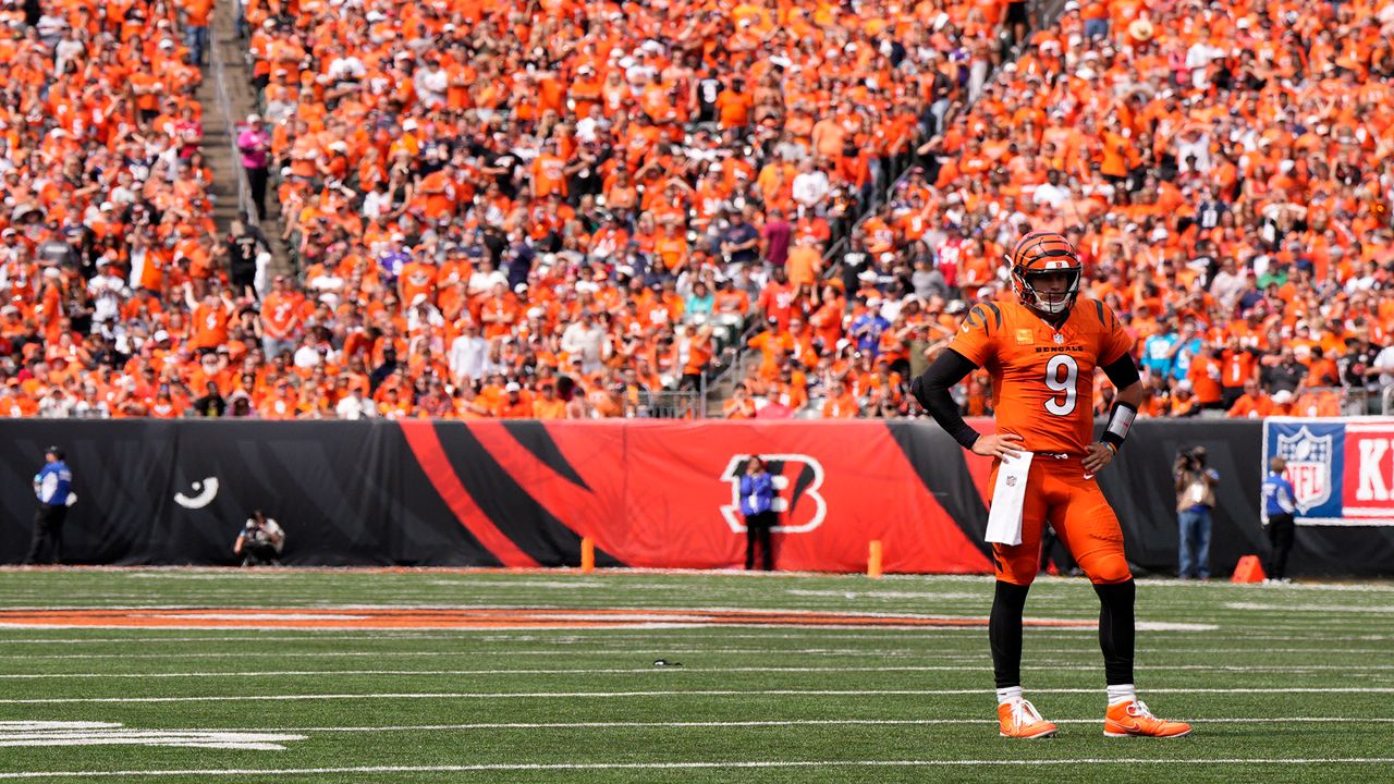 Cincinnati Bengals quarterback Joe Burrow (9) stands on the field during the second half of an NFL football game against the New England Patriots, Sunday, Sept. 8, 2024, in Cincinnati. (AP Photo/Jeff Dean)