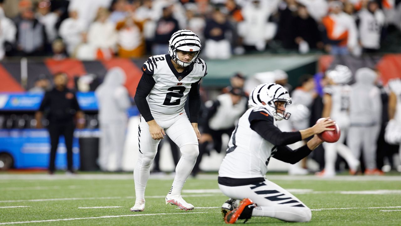 Cincinnati Bengals kicker Evan McPherson (2) lines up a kick during an NFL football game against the Miami Dolphins on Thursday, September 29, 2022, in Cincinnati.