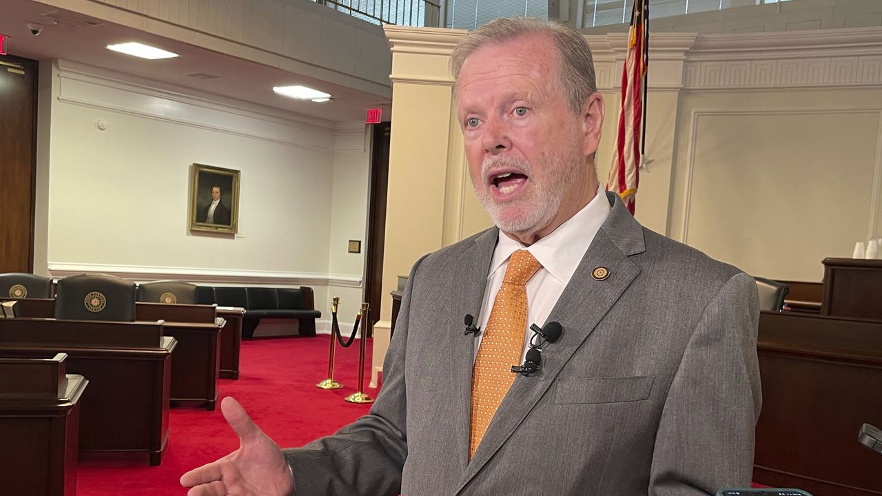 Republican North Carolina Senate leader Phil Berger speaks to reporters about the state budget, Friday, Sept. 22, 2023, on the Senate floor in Raleigh, N.C. (AP Photo/Hannah Schoenbaum)