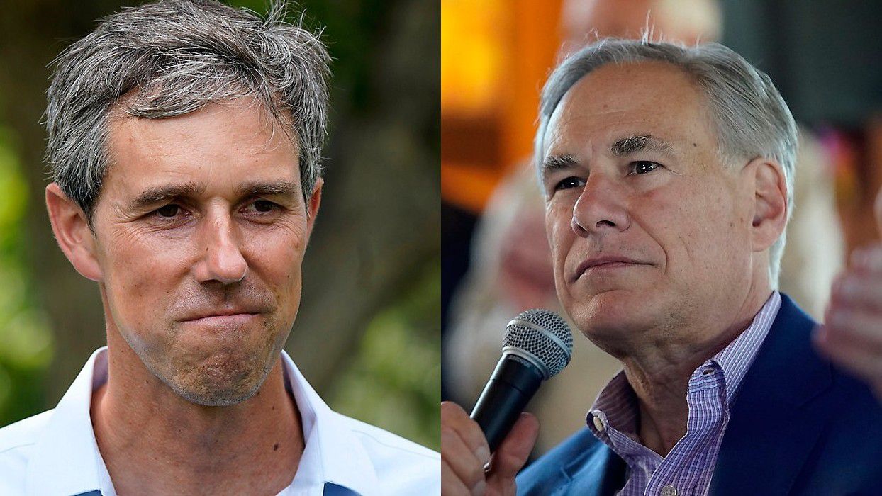 Left: Democrat Beto O'Rourke listens to a volunteer before a Texas Organizing Project neighborhood walk in West Dallas on June 9, 2021 (AP Photo/LM Otero, File). Right: Texas Gov. Greg Abbott speaks to supporters during a campaign stop, Thursday, Feb. 17, 2022, in San Antonio. (AP Photo/Eric Gay)
