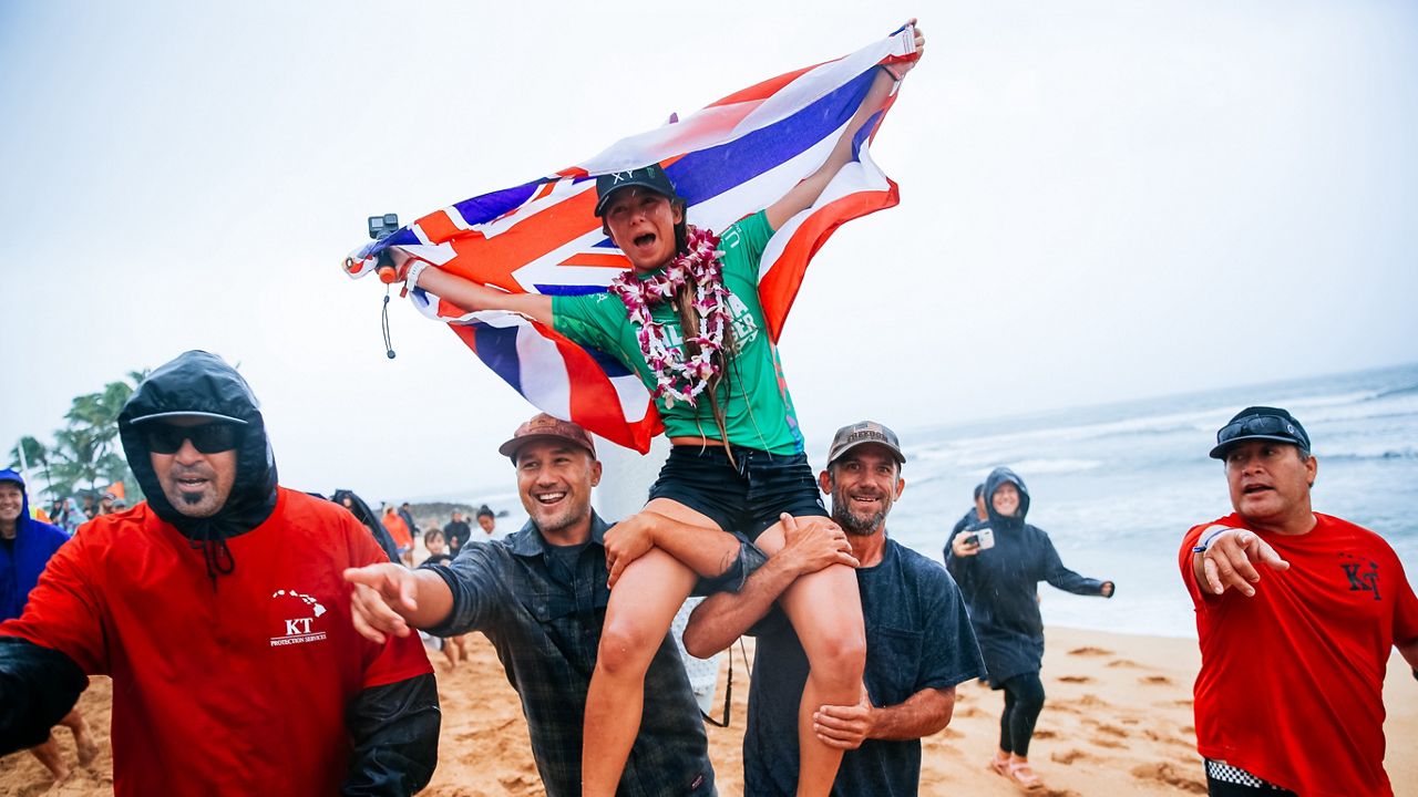 Bettylou Sakura Johnson after winning the Haleiwa Challenger (Photo courtesy of World Surf League/Brent Bielmann)