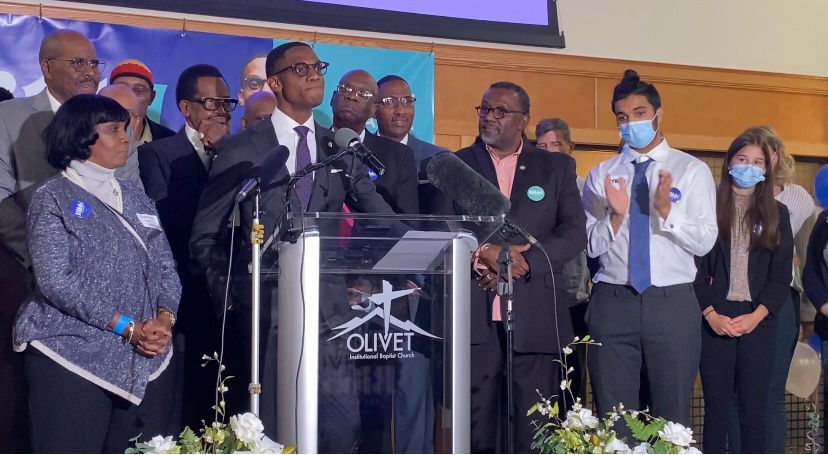 Cleveland Mayor-elect Justin Bibb speaks to supporters and loved ones Tuesday evening at Olivet Institutional Baptist Church after the concession of his opponent, Kevin Kelley.  