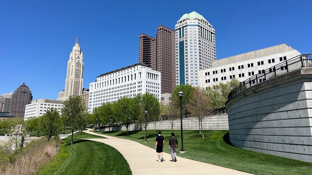 The Columbus, Ohio skyline at Bicentennial Park on Monday, April 22, 2024.