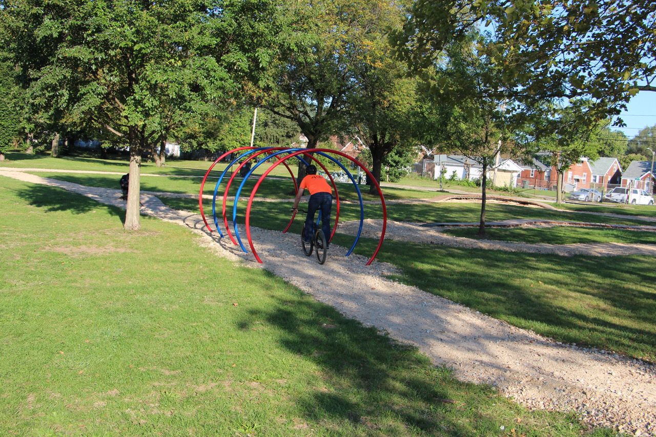 A person rides a bike through a "bicycle playground" at a park in Dayton, Ohio. (Photo courtesy of City of Dayton)