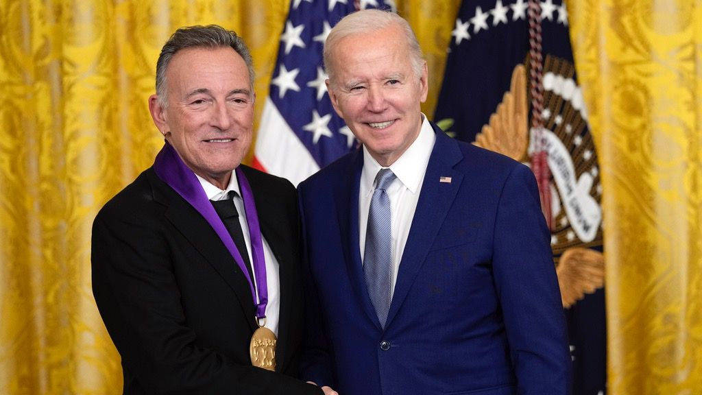 President Joe Biden presents the 2021 National Medal of the Arts to Bruce Springsteen at White House in Washington, Tuesday, March 21, 2023. (AP Photo/Susan Walsh)