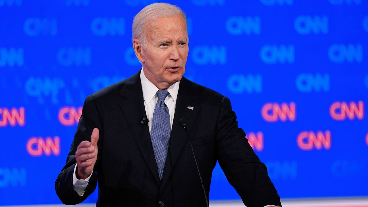 President Joe Biden speaks during a presidential debate with Republican presidential candidate and former President Donald Trump, Thursday, June 27, 2024, in Atlanta. (AP Photo/Gerald Herbert)