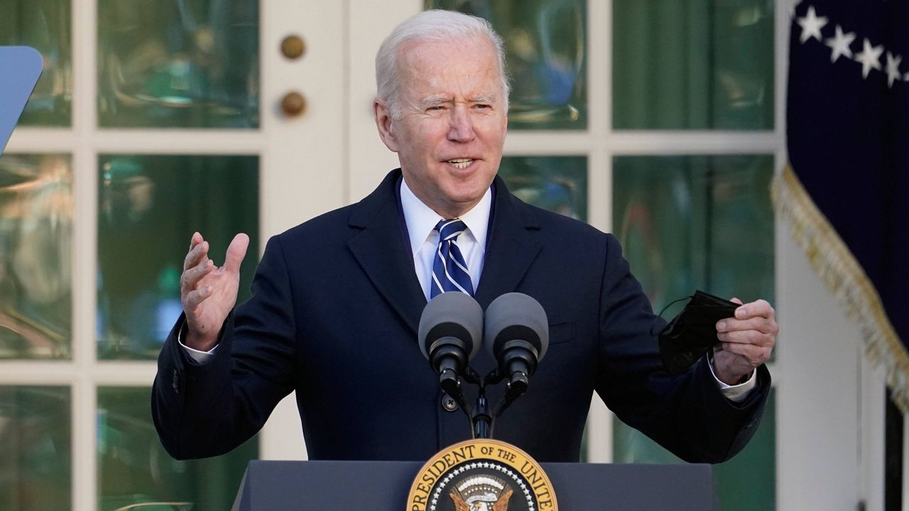 President Joe Biden speaks during a ceremony to pardon the national Thanksgiving turkey in the Rose Garden of the White House on Friday. (AP Photo/Alex Brandon)