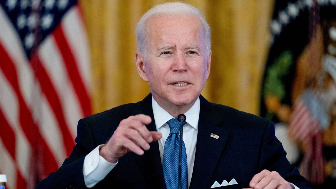 President Joe Biden responds to reporter's questions during a meeting on efforts to lower prices for working families Monday in the East Room of the White House. (AP Photo/Andrew Harnik)