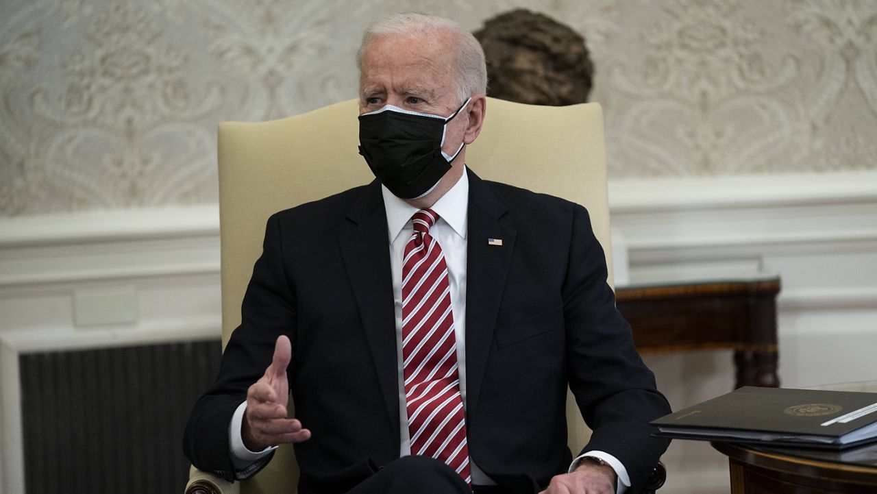 President Joe Biden speaks during a meeting with labor leaders in the Oval Office of the White House on Wednesday. (AP Photo/Evan Vucci)