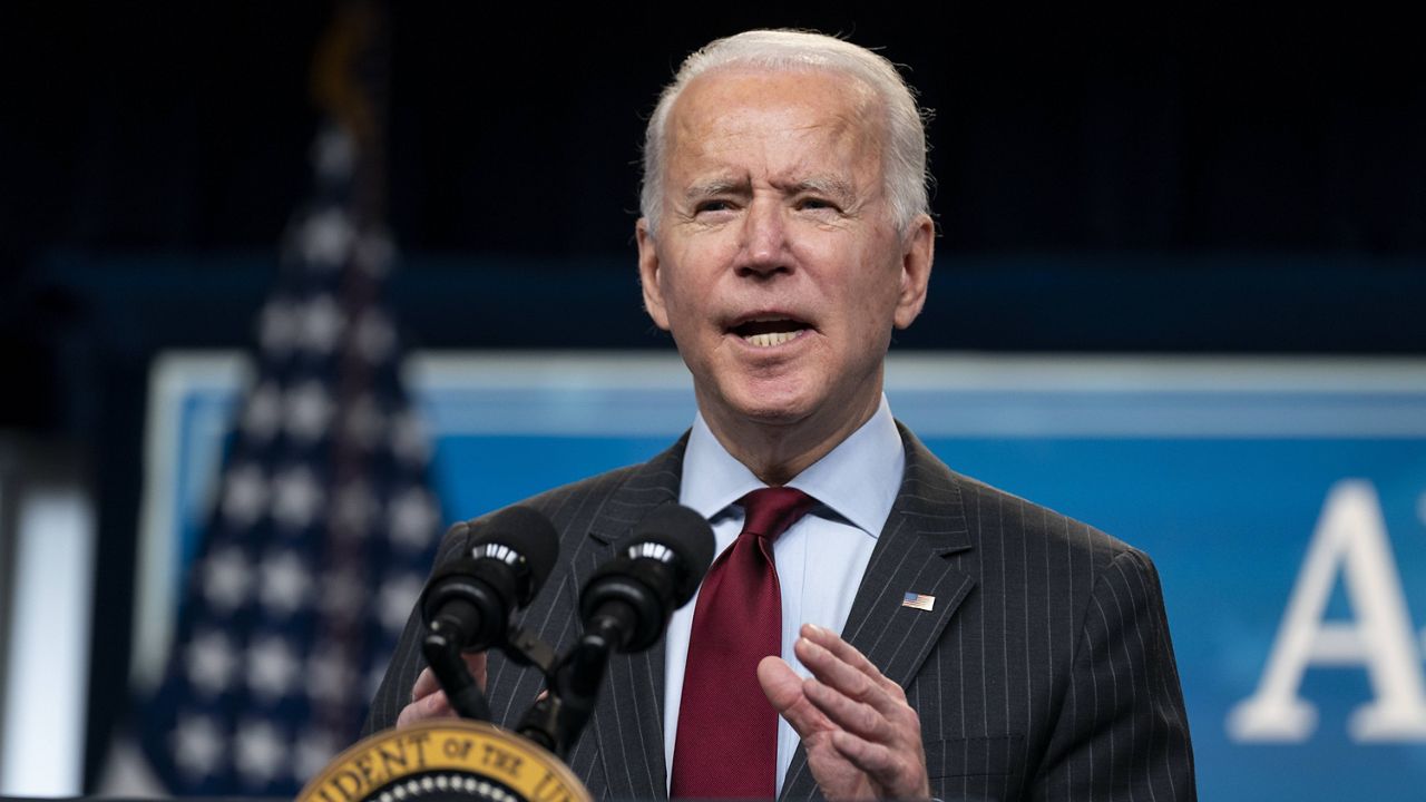 President Joe Biden speaks about the Paycheck Protection Program in the South Court Auditorium on the White House campus on Monday. (AP Photo/Evan Vucci)