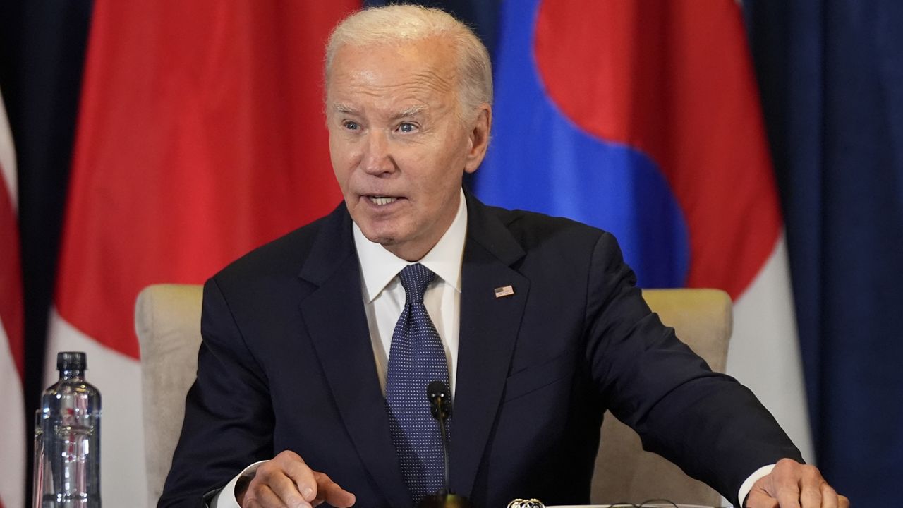 President Joe Biden speaks during a trilateral meeting with the Prime Minister of Japan Shigeru Ishiba and the President of South Korea Yoon Suk Yeol in Lima, Peru, Friday, Nov. 15, 2024. (AP Photo/Manuel Balce Ceneta)