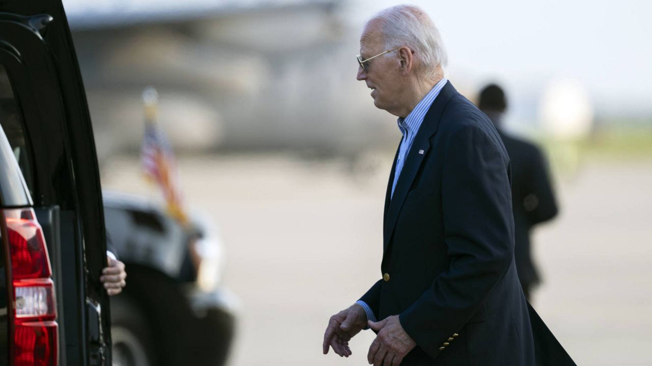 President Joe Biden arrives at Delaware Air National Guard Base in New Castle, Del., Friday, July 5, 2024, from a campaign rally in Madison, Wis. (AP Photo/Manuel Balce Ceneta)