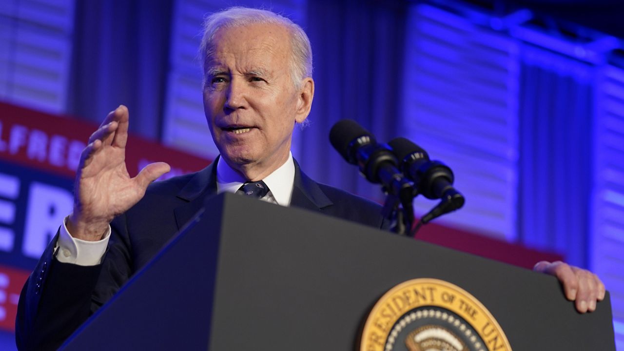 President Joe Biden speaks Monday at the International Association of Fire Fighters Legislative Conference in Washington. (AP Photo/Evan Vucci)