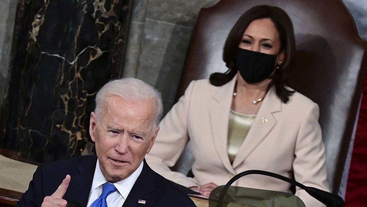 Vice President Kamala Harris watches President Joe Biden delivering his address to a joint session of Congress on Wednesday night. (Jim Watson/Pool via AP)