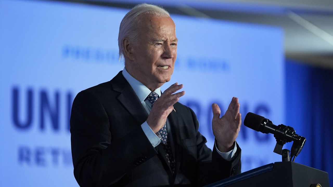 President Joe Biden speaks to union laborers about his administration's support for unions in Philadelphia, Friday, Nov. 1, 2024. (AP Photo/Manuel Balce Ceneta)