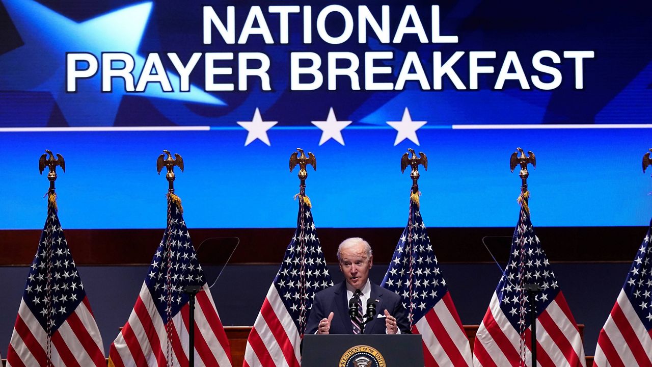 President Joe Biden speaks Thursday at the National Prayer Breakfast on Capitol Hill. (AP Photo/Patrick Semansky)