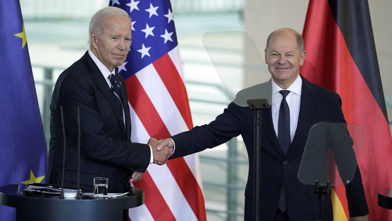 President Joe Biden and German Chancellor Olaf Scholz shake hands after delivering joint statements to the press at the Chancellery in Berlin, Germany, Friday, Oct. 18, 2024. (AP Photo/Ebrahim Noroozi)