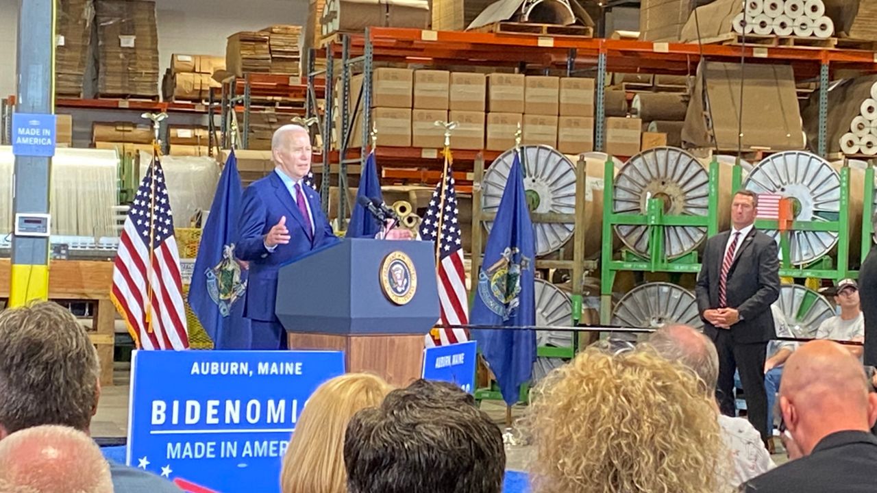 President Joe Biden speaks at Auburn Manufacturing Inc. on Friday. (Spectrum News/Susan Cover)