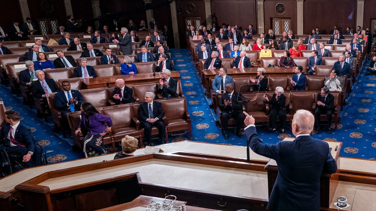 President Joe Biden delivers his first State of the Union address to a joint session of Congress at the Capitol, Tuesday, March 1, 2022, in Washington. (Shawn Thew/Pool via AP)