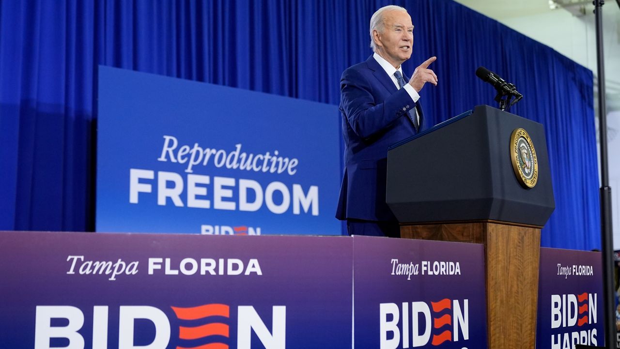 President Joe Biden speaks about reproductive freedom on Tuesday, April 23, 2024, at Hillsborough Community College in Tampa, Fla. Biden is in Florida planning to assail the state's upcoming six-week abortion ban and similar restrictions nationwide. (AP Photo/Manuel Balce Ceneta)